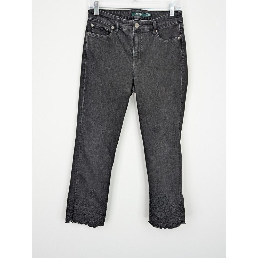 Lauren Ralph Lauren Jeans Womens 4 Black Cropped Floral Embroidered Hem Stretch - Picture 1 of 14